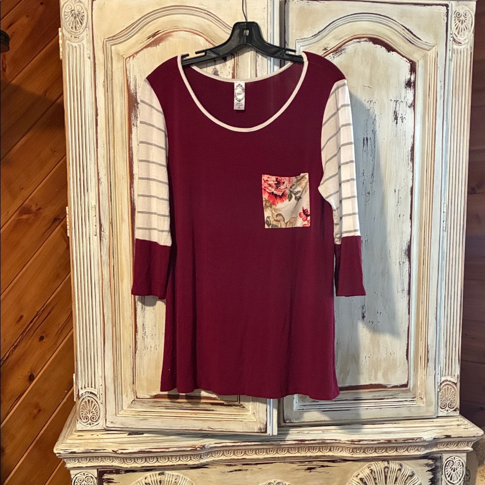 Honeyme Burgundy Floral Pocket Long Sleeve Top